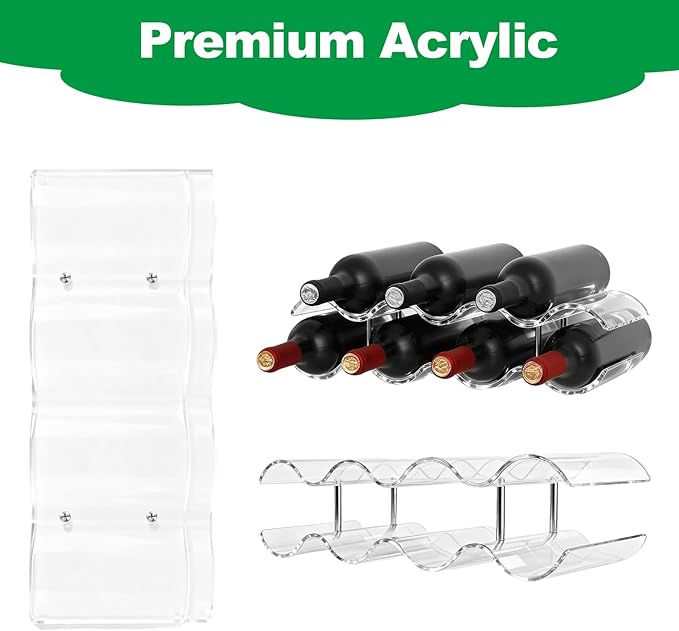 Wine Rack Countertop, Wine Rack for Inside Cabinet, Acrylic Wine Holder, Wavy Wine Bottle Holder for Cabinet Pantry Home Kitchen (2 Tiers - 7 Bottles)