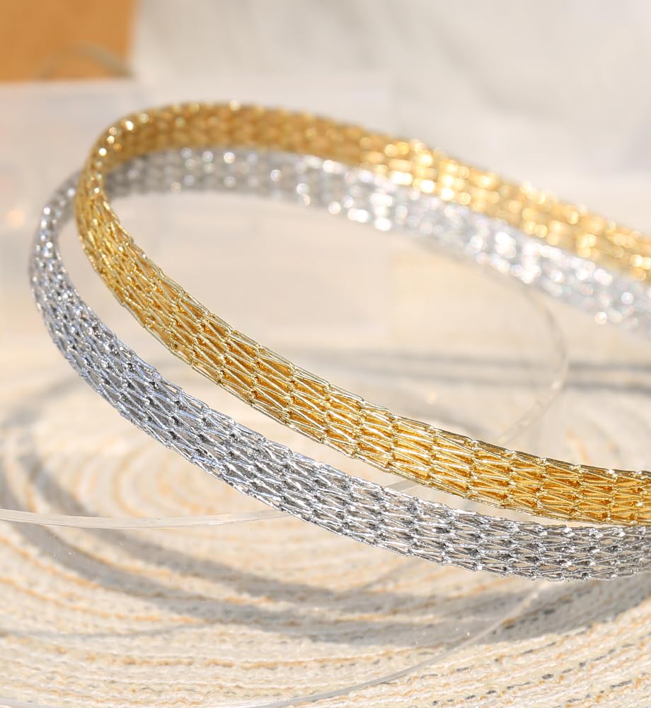 YARN & INK Women's Thin Mesh Headbands, 2 Pcs Gold Silver Metal Hair Accessories for Daily Wear