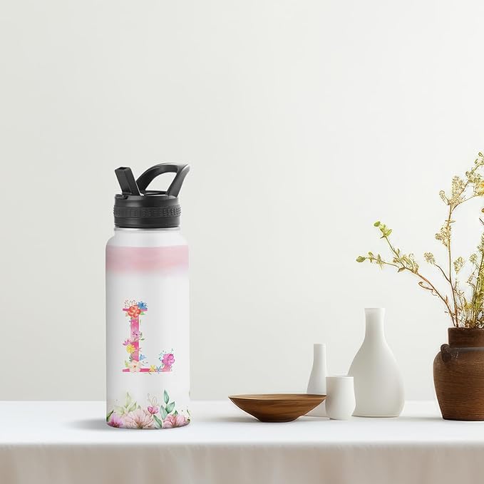 Personalized 32oz Water Bottle with Straw Customized Initial Letter Sport Bottles Monogrammed Initial Insulated Bottle Coffee Mug for Travel (L)