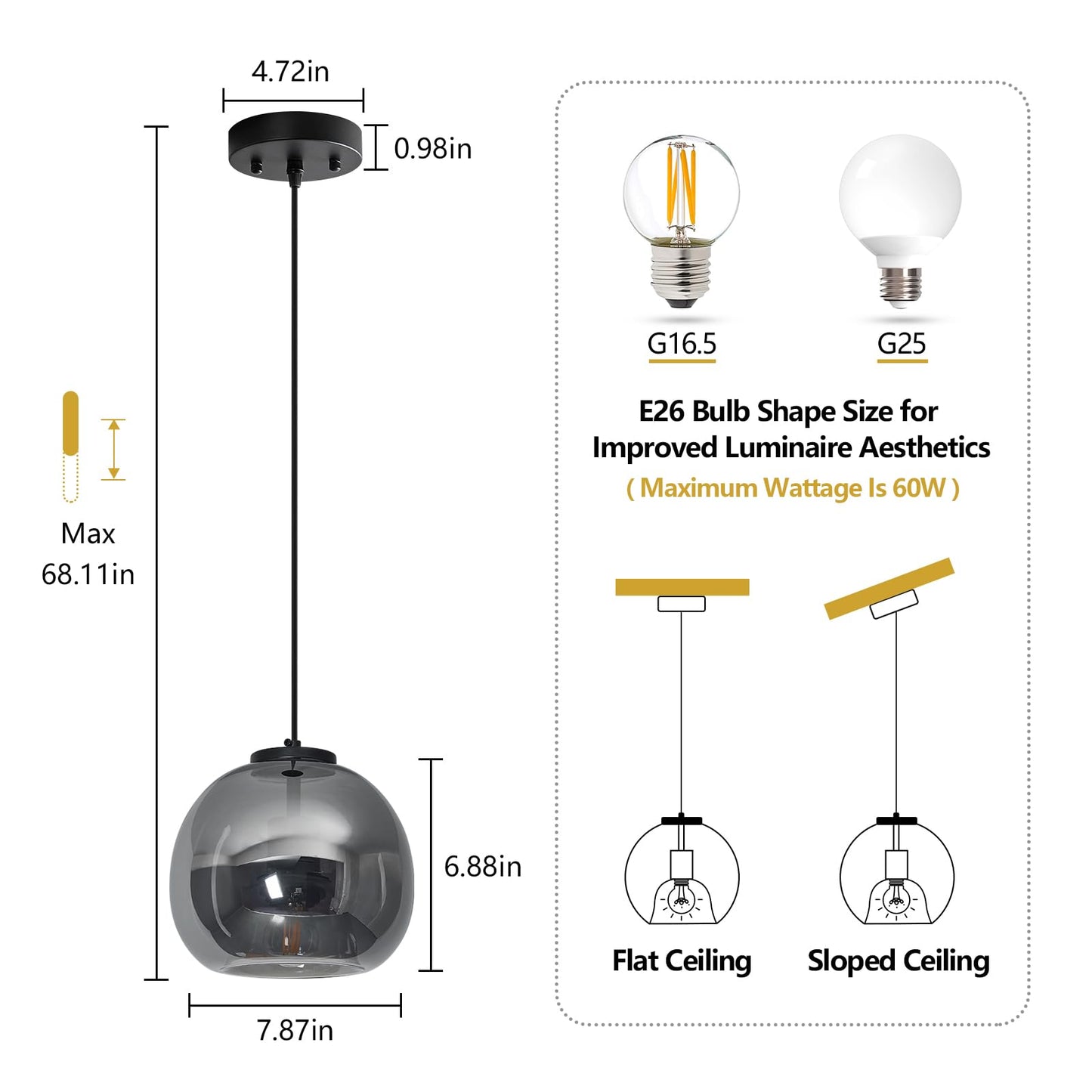 Lbsqj Mirror Smoke Gray Glass Pendant Lights Kitchen Island 3 Pack 7.87 Glass Globe Pendant Light Black Hanging Light Fixture Modern Pendant Lighting For Kitchen Island Bedroom Dining Room