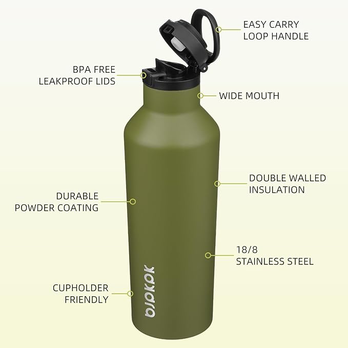 BJPKPK Insulated Water Bottle With Straw 25oz Stainless Steel Water Bottles With 2 Lids And Carry Handle Reusable Travel Metal Thermal Flask,Olive Green