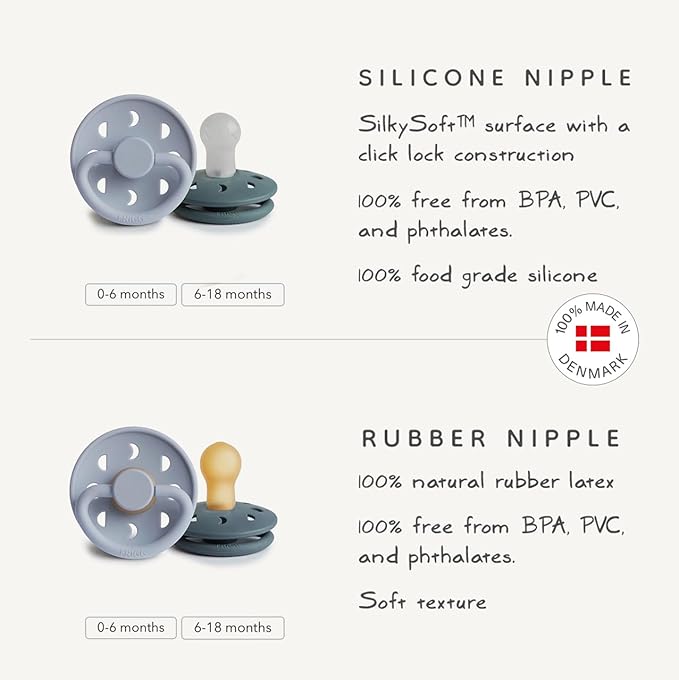 FRIGG Moon Natural Rubber Baby Pacifier | Made in Denmark | BPA-Free (Sage/Portobello, 6-18 Months) 2-Pack