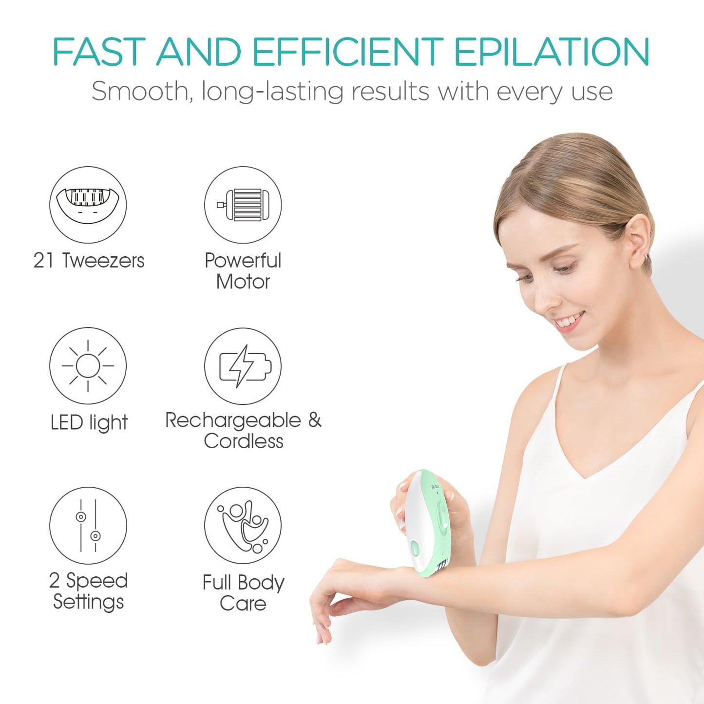 VOGOE Epilators Hair Removal for Women with 21 Tweezers & LED Light, 2 Speeds Cordless Epilator for Women, Electric Hair Removal