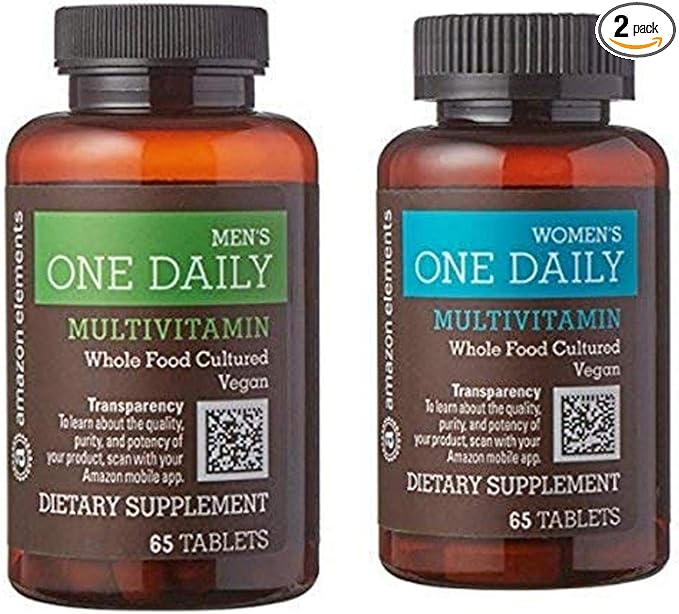 Amazon Elements Men's and Women's One Daily Multivitamins, Vegan, 65 Tablets, 2 month supply