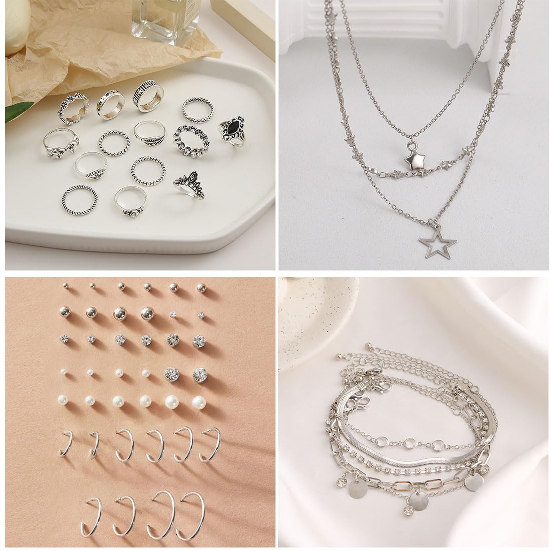 IFNODO 37pcs Silver Jewelry Set With 3 PCS Necklace, 14 PCS Bracelet, 7 PCS Ear Cuffs Earring, 6pcs Hoop Earrings,7pcs silver rings set For Women For Birthday Gifts (1009-1SL)