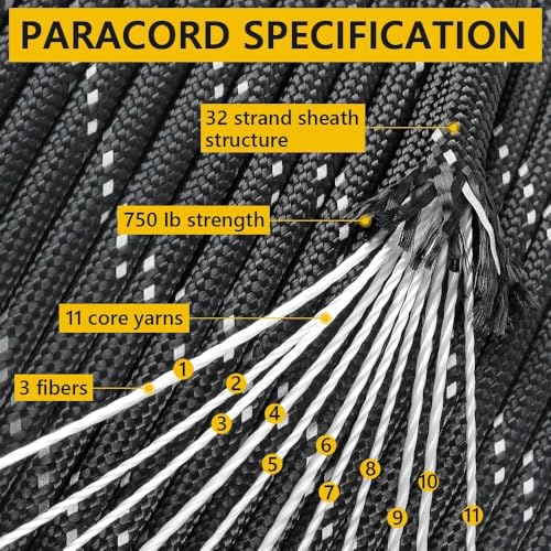 750Ib Reflective Paracord Rope,100' 200' 500' 1000', 4mm 11 Strand Parachute Spool Cord with Collecting Bag, para Cord Lan...