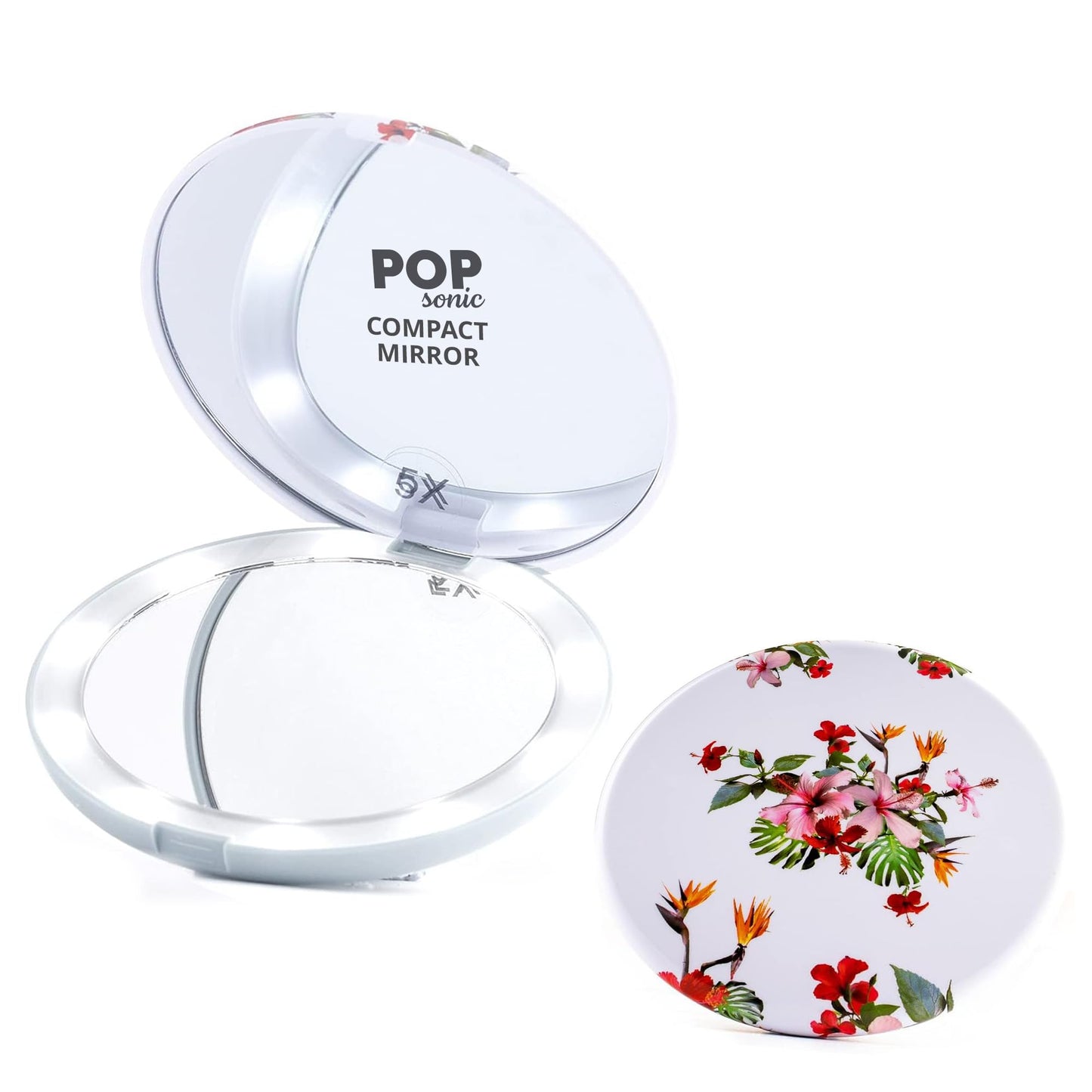 LED Compact Mirror - White Floral | Portable Makeup Mirror - 5 Foldable - 1X & 5X Lighted Magnifying Mirror