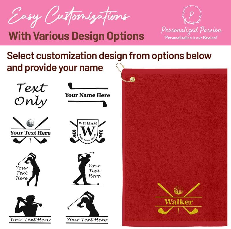 Personalized Passion Golf Towels with Corner Grommet - 16"x26" Customized Velour Cotton Golf Bag Towels with Name - Super Soft and Highly Absorbent - Quickly Remove Dirt and Sweat - Gold