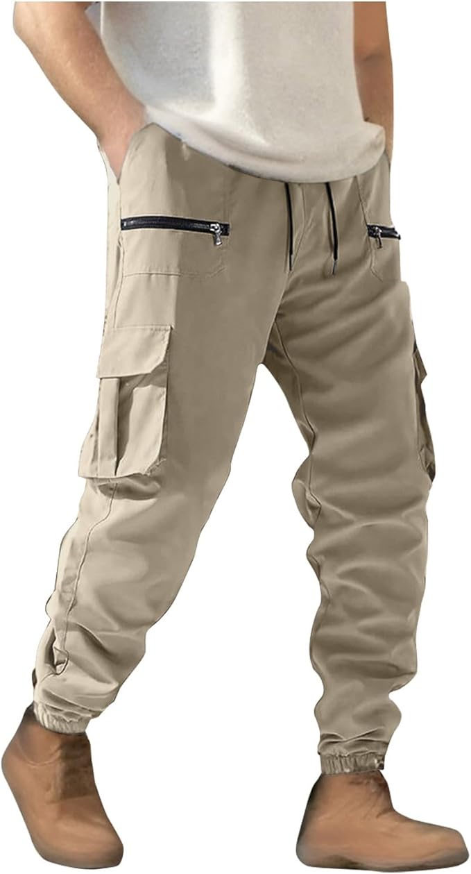 Men's Lightweight Cargo Pants Fashion Elastic Waist Drawstring Joggers Pants Plus Size Casual Tapered Sweatpants with Pockets