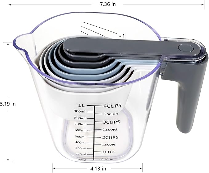 15 Pieces Measuring Cups and Spoons set, Includes 10 Stackable Measuring Cup with Lid and 5 Mini Stainless Steel Measuring Spoons, Teaspoons for Liquid and Dry, BPA Free, Dishwasher Safe