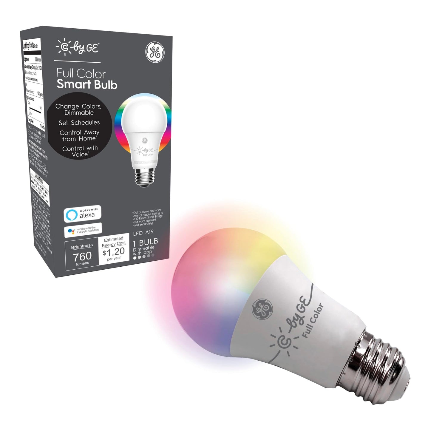GE Lighting Smart LED Light Bulbs, Bluetooth, Alexa & Google Assistant Compatible, 2 Count Pack, Full Color, Model CLEDA1911C2/ST-2P