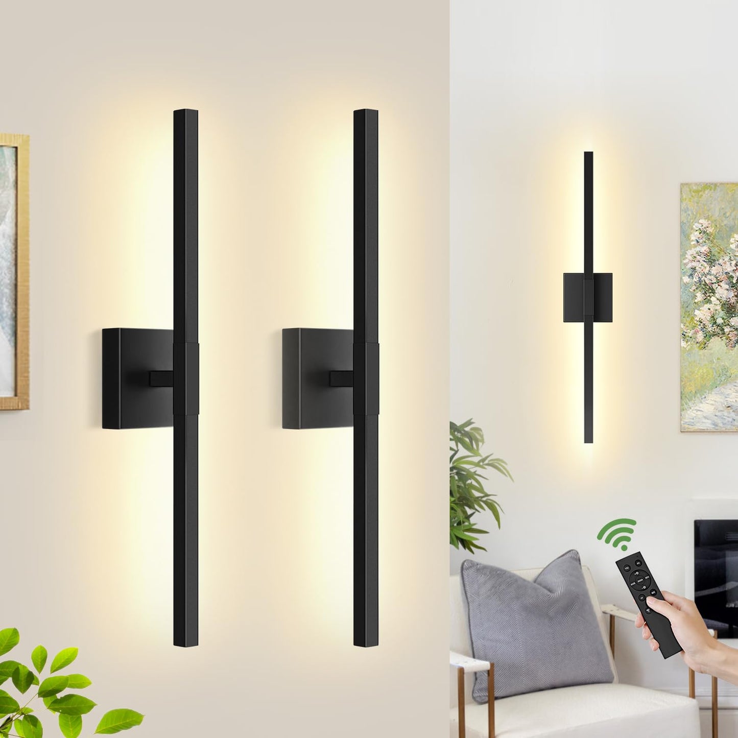 Torondo Wall Sconces Set of 2, 26in Matte Black, 360° Rotate, Rechargeable, Dimmable, Touch & Remote Control, Model HJ8029-680