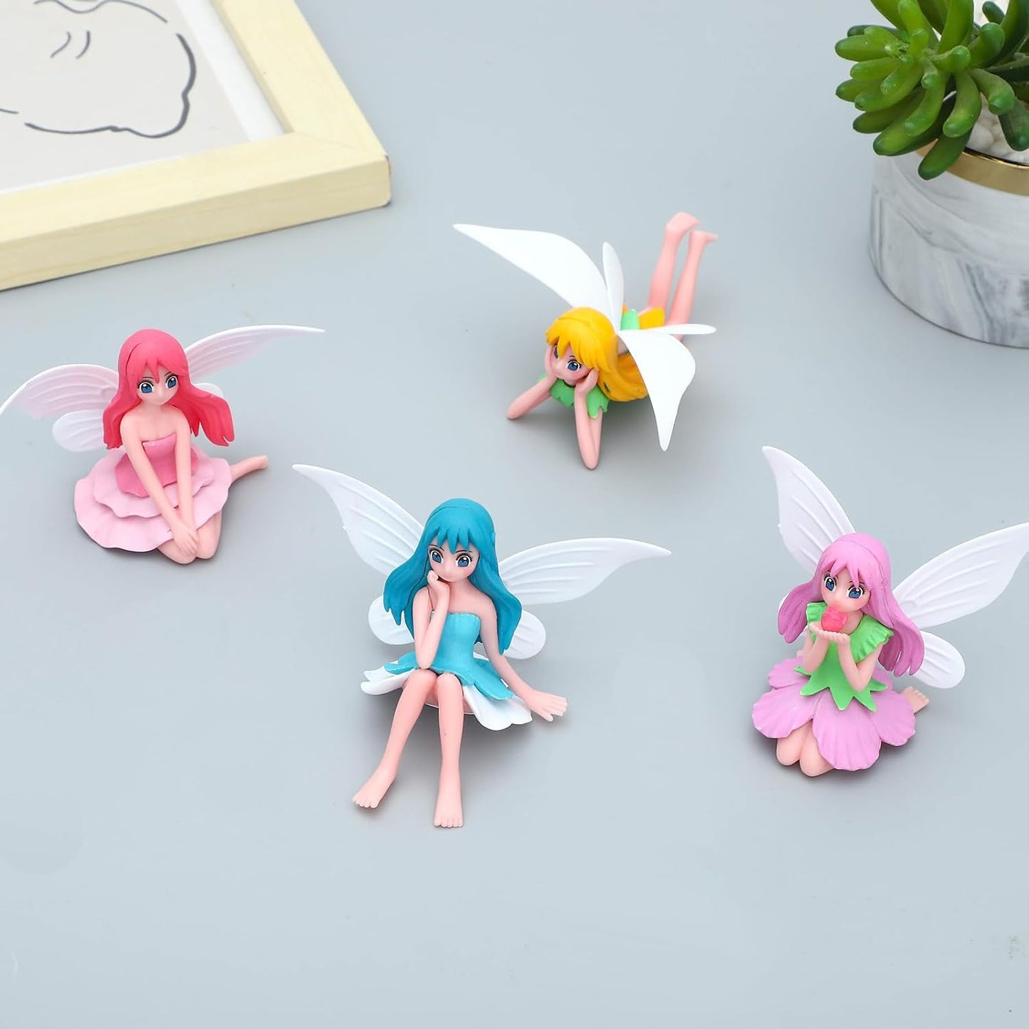 ONEST 8 Pieces Miniature Fairy Garden Accessories Small Fairy Figurines Hand Painted Fairies Figures Girl Fly Wing Figurines for Car Decor Fairies Garden Flower Pot Birthday Cake Topper