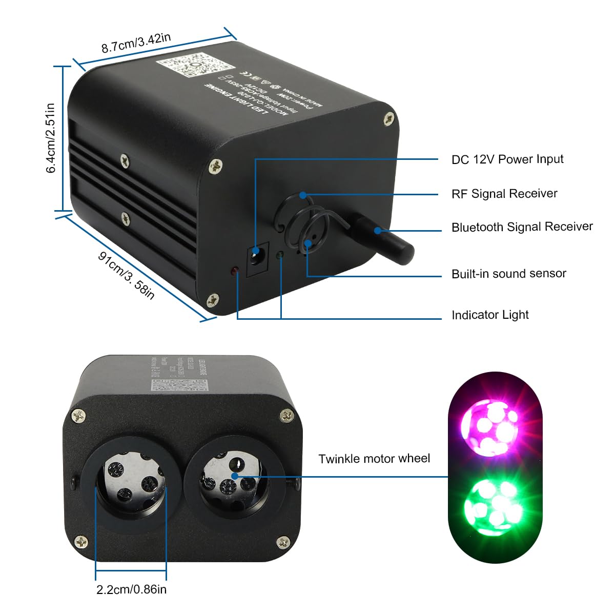 AKEPO 20W Dual-Head Fiber Optic Light Source, RGBW, Twinkle + APP Control, Music Activated, Model QJ-L020