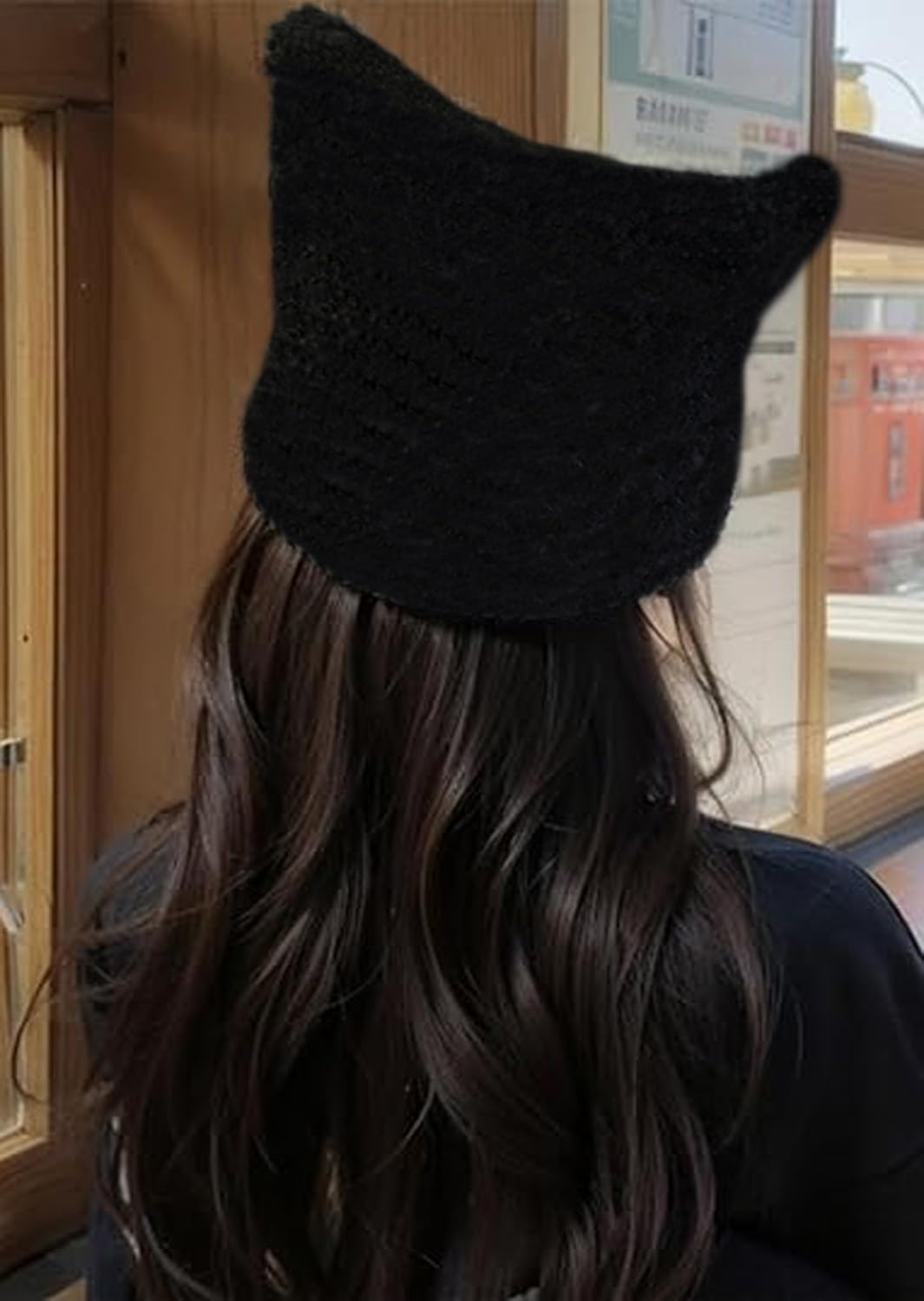 Y2k Crochet Hats for Women Cat Ears Hats Warm Striped Knitted Beanies Grunge Accessories Goth Beanie Slouchy Headgear (US, Alpha, One Size, Black)