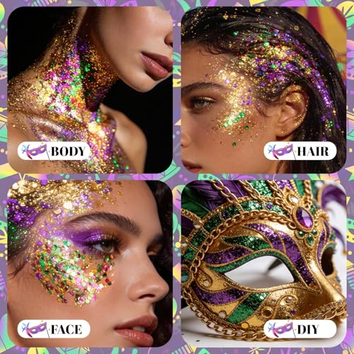 DAGEDA Mardi Gras Body Glitter Gel, Green Gold Purple Face Hair Glitter Carnival Accessories, Chunky Glitters for Mardi Gr...