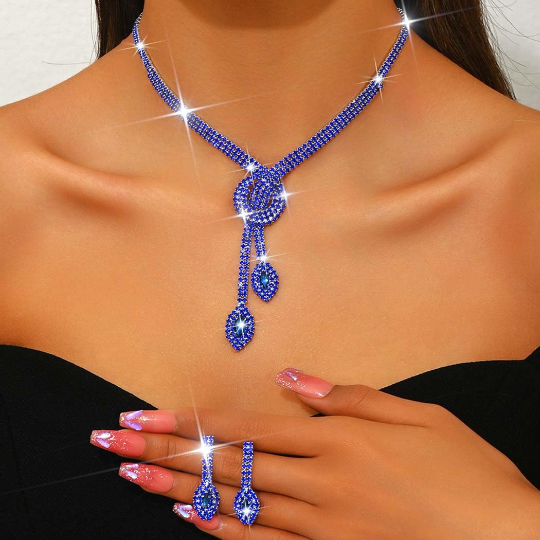 Unicra Blue Rhinestone Bridal Wedding Jewelry Set Crystal Necklace Earrings Sets Formal Prom Costume Jewelry Sets for Women and