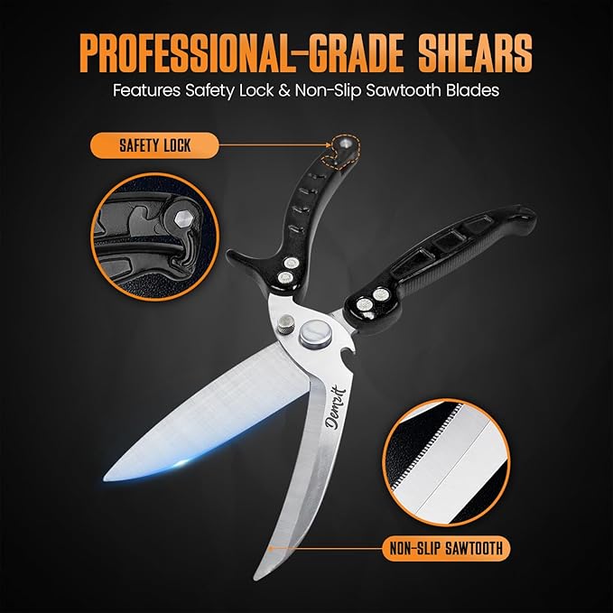 Poultry Shears, Kitchen Shears Heavy Duty for Food With Anti-Slip Handle & Safety Lock, Meat Scissors, Chicken, Lobster, Quail, Fish, Food Cutting Scissors, Bone Cutter (Ultra shears Black)