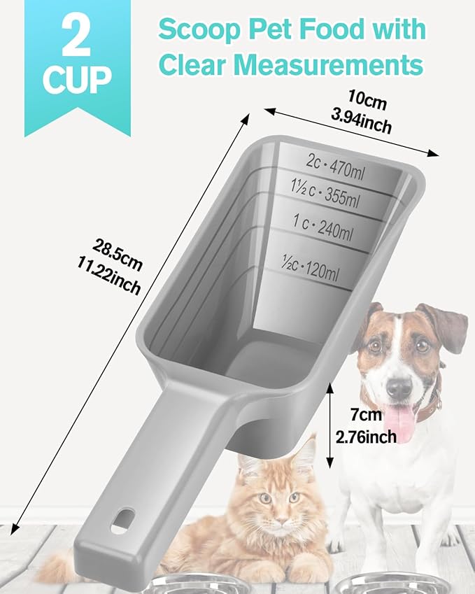 2 Cup Dog Food Scoop(2 Pack), Plastic Pet Food Scoop with Measuring Lines for Accurate Pet Food Portions,Dishwasher Safe (Gray)