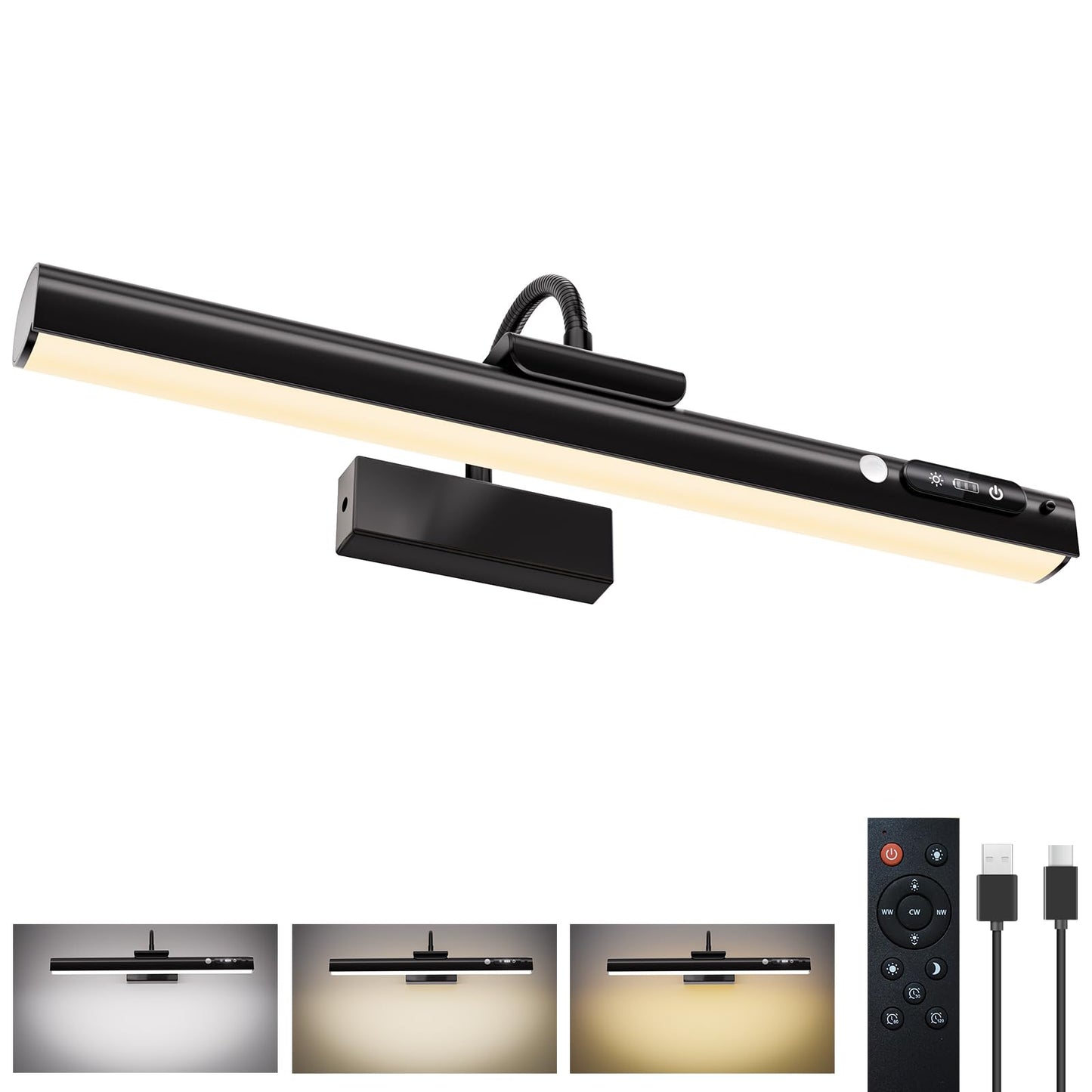RIRIBEN 15.7'' Picture Lights for Wall with Motion Sensor, 9000mAh Rechargeable Battery Operated Poster Lights for Paintings, Portraits, Wall Decor, Black