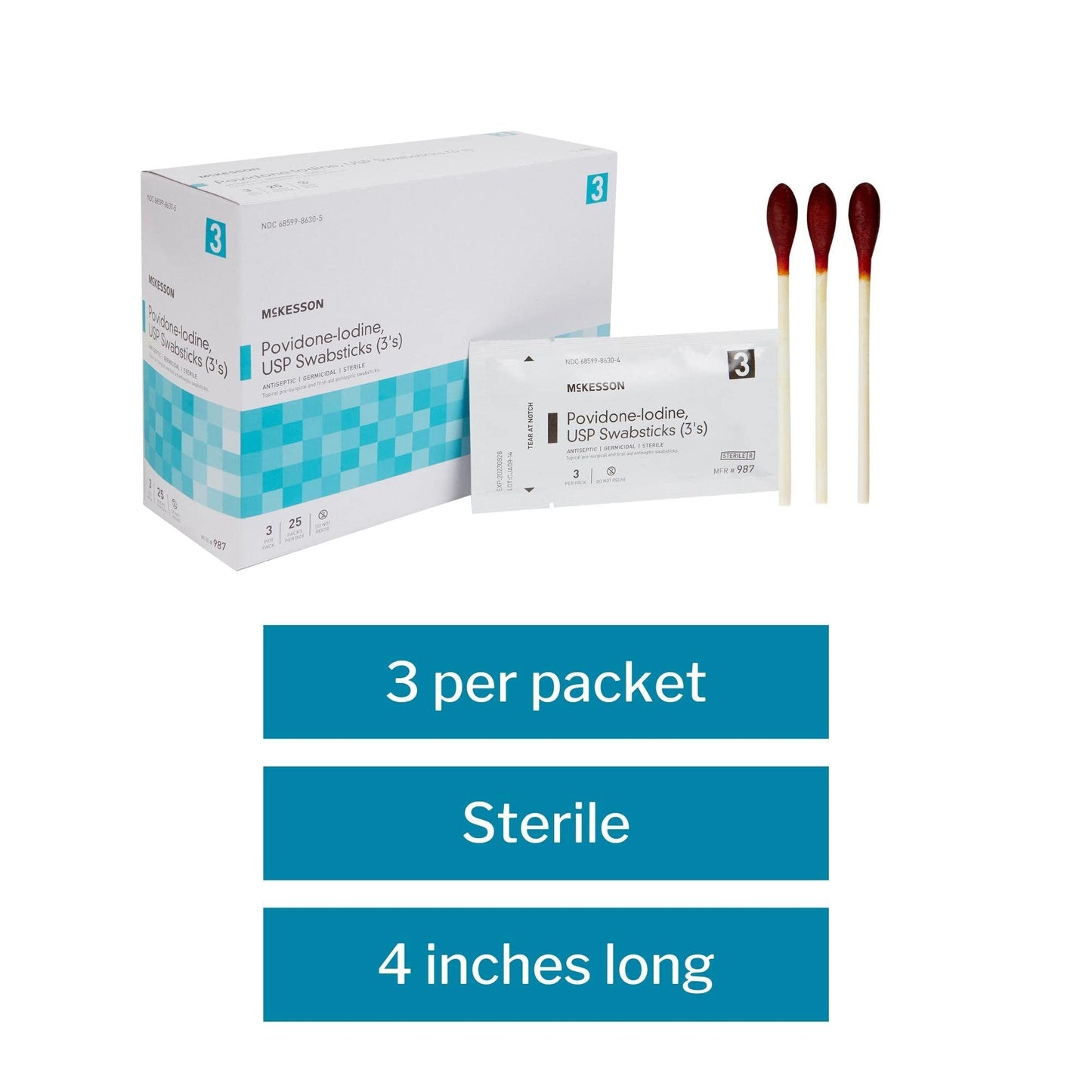 McKesson Povidone Iodine 10% Swabs Stick [75 Sticks], Sterile Swabsticks, Topical Pre-Surgical and First Aid, 3 Per Pack, 25 Packs
