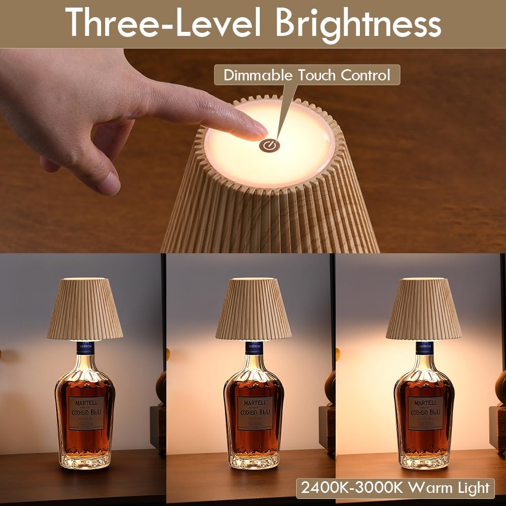 WILIT Wireless Bottle Lamp Shades, 3 Level Brightness, Rechargeable Table Decor, 2pcs Wood Grain