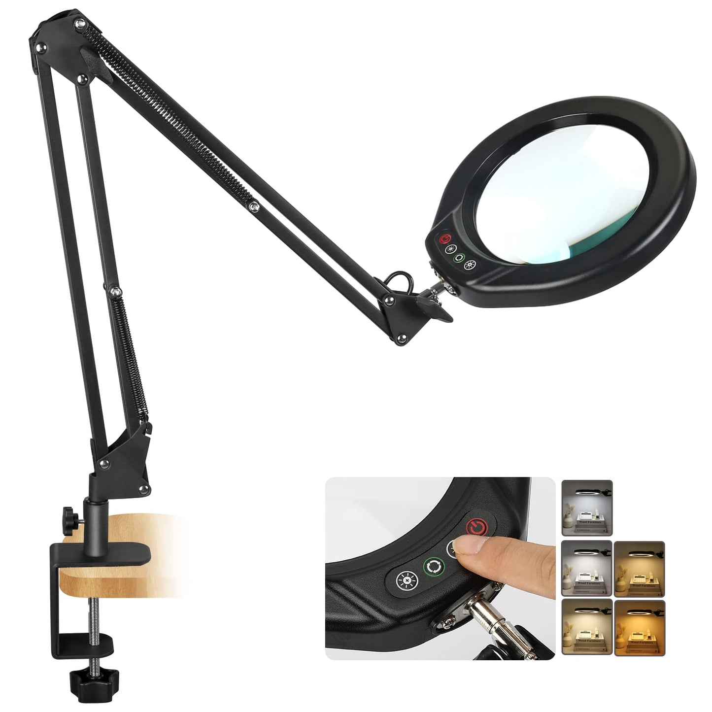 Veemagni 5 Inch Magnifying Glass With Light, 8X Magnifier, Stepless Dimmable, Black, Model Z8-118, Hands-Free Desk Lamp