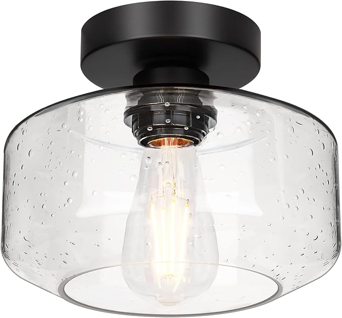Industrial Semi Flush Mount Ceiling Light, 800 Lumen LED Bulb Included, Seeded Glass Shade Farmhouse Light Fixture for Hallway Corridor Kitchen Bathroom Bedroom Passway