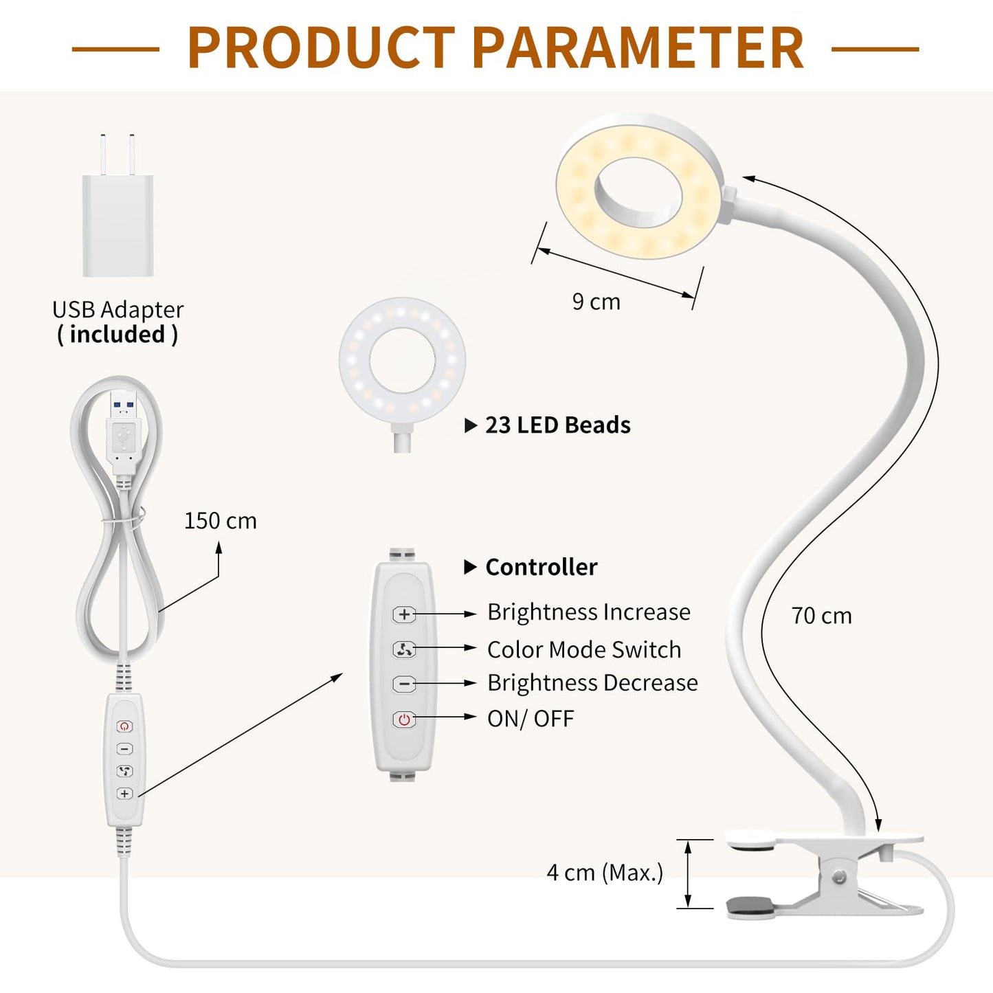 Izell Clip-On Book Light - Dimmable Led, Flexible Gooseneck, 27.6 White, Silicone Rubber For Reading, Studying, And Crafting