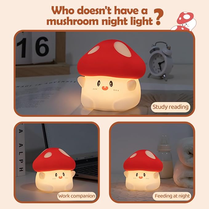 LED Mushroom Silicone Night Light Soft Sleeping Nursery Night Light Dimmable Timer Rechargeable Lamp Room Decor Baby Bedside Lamp