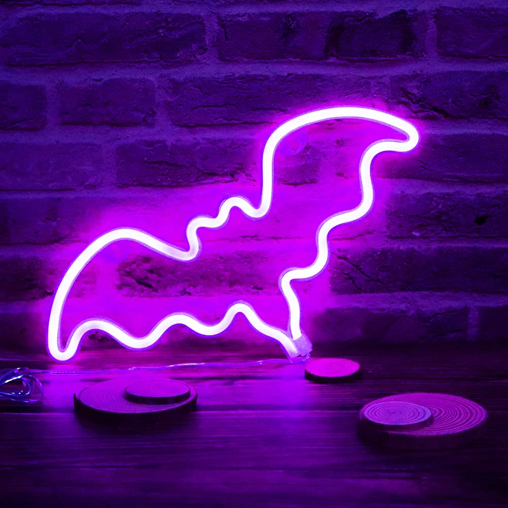 Vicila LED Neon Bat Sign, Purple Gothic Desk Lamp, Battery Operated, 39.4in x 7.1in, Halloween Decor