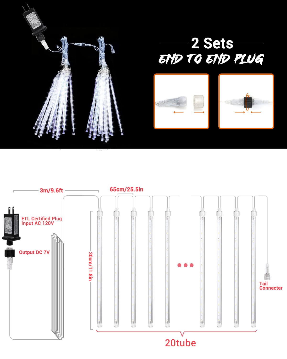 Flacchi Meteor Shower Icicle Lights 480 LED Cool White 20 Tubes with Timer Function Model GP-SW050DC1200T-IP44(US)