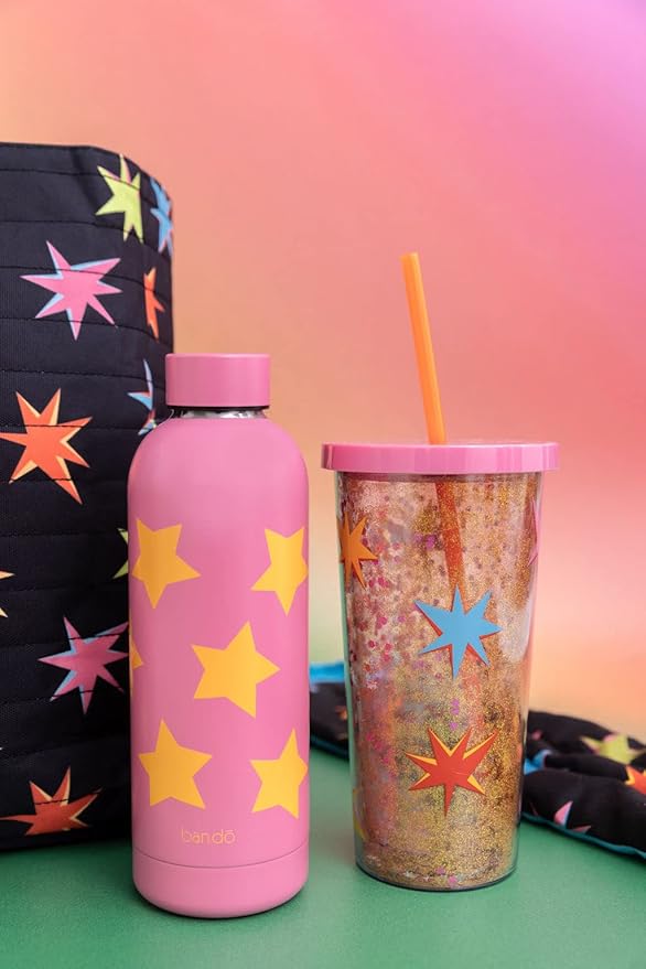 ban.do Stainless Steel Water Bottle with Neoprene Bottle Holder, 25 oz Pink Metal Water Bottle, Water Bottle Bag Crossbody, BPA Free Water Bottle with Adjustable Sling, Stars
