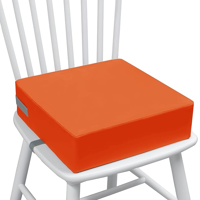 Toddler Booster Seat for Dining Table, 2 Elastic Seat Belts, Anti Scratch PU Skin-Friendly, Waterproof, Anti-Wrinkle, Detachable Non-Slip Bottom - Tangerine