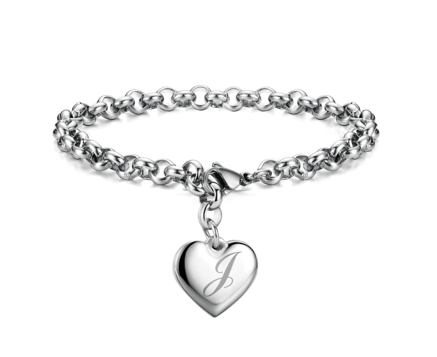 Monily Initial Charm Bracelets for Women Stainless Steel Charm Bracelets for Women Letters J Alphabet Heart Bracelet Jewelry Gif