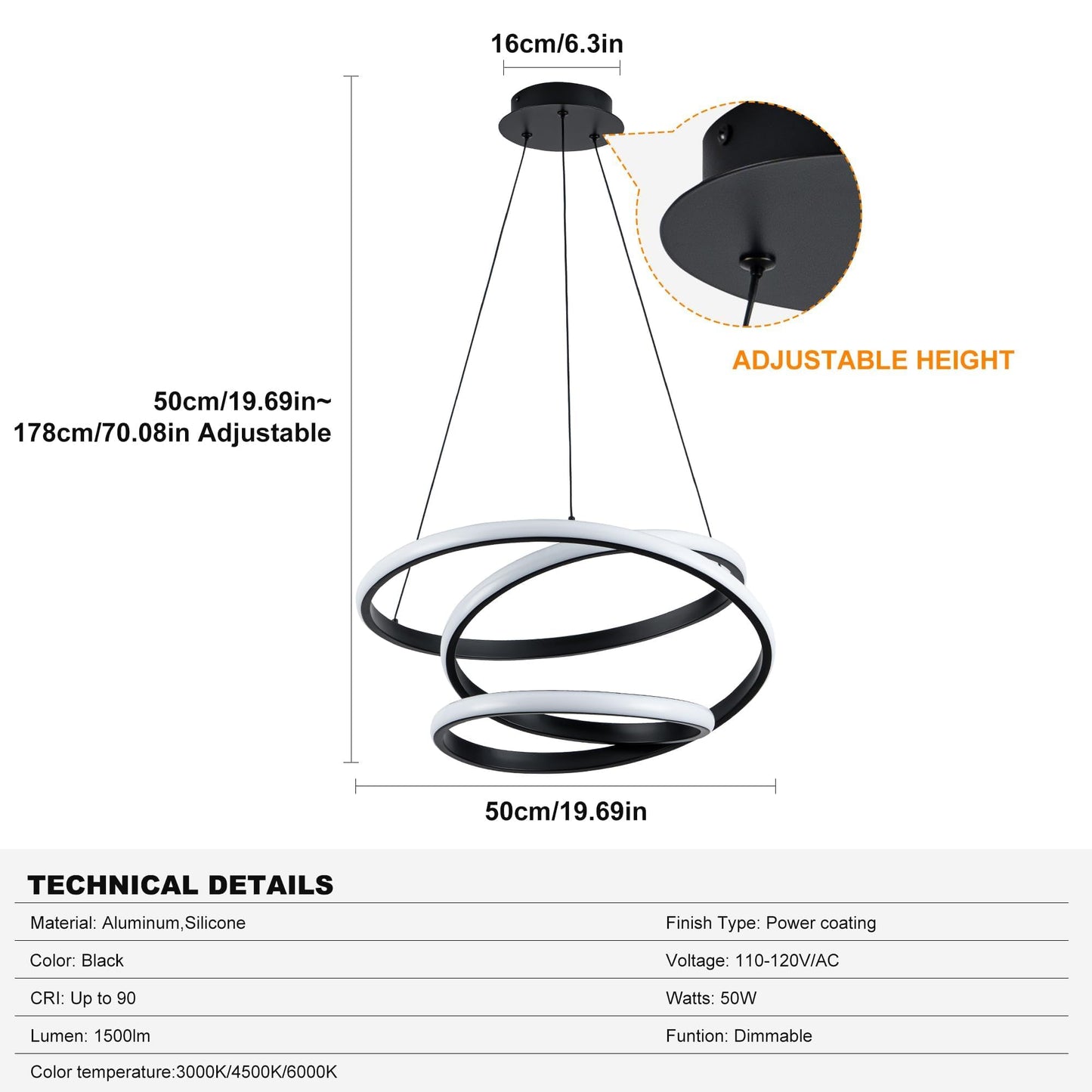 Mayful Modern Chandelier With Remote Control  3-Color Dimmable Led Pendant Light Fixtures  Height Adjustable Kitchen Island Lighting For Dining Room Bedroom Living Room Foyer Office Black 19.7 Inches