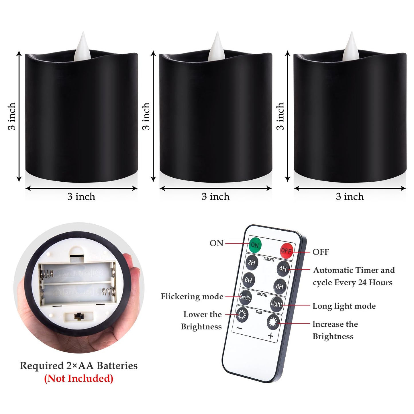 Woocodowe 3inch Black Pillar Flameless Candles - 3D Flickering, Remote Timer, Battery Operated, 600+ Hours, Halloween & Gothic Themed Decor (Black, 3"*3"-3pcs)