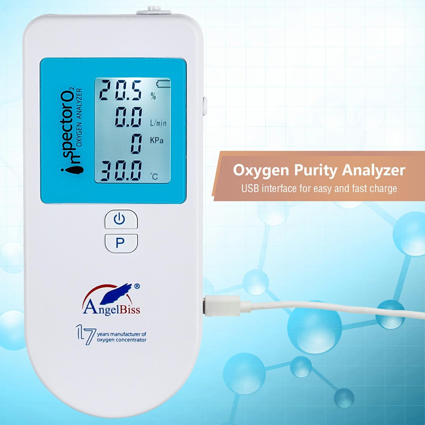 Oxygen Analyzer 4-in-1 Handheld Gas Purity & Flow Tester with LCD Display, Measures O₂ Concentration, Flow Rate (LPM), Pressure (PSI/kPa) & Temperature – Rechargeable Battery Powered
