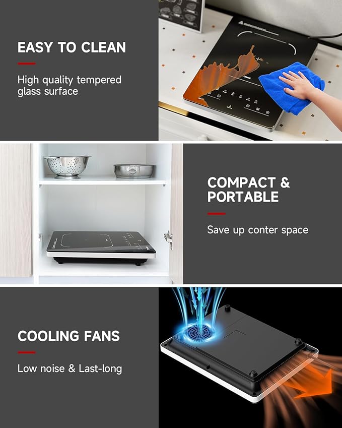 Portable Electric Stove,110V Single Burner Electric Cooktop, Countertop Burner Hot Plate with 6 Preset Functions,10 Power Levels,LED Touch Control, Child Lock &Timer