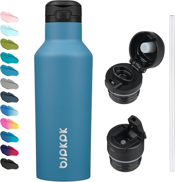 BJPKPK Insulated Water Bottle With Straw 17oz Stainless Steel Water Bottles With 2 Lids And Carry Handle Reusable Travel Metal Thermal Flask,Sea Blue