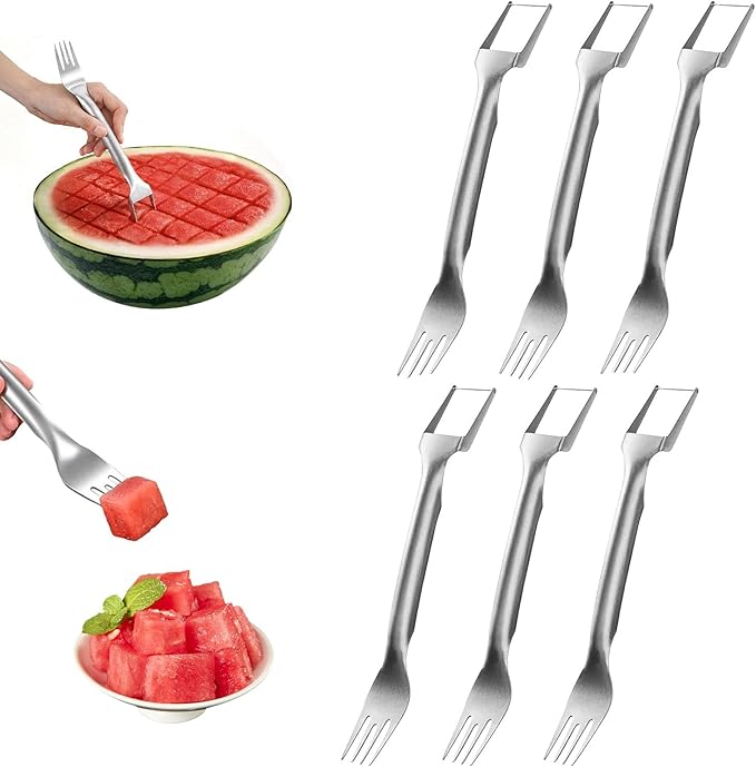 2-in-1 stainless steel fruit slicer,2025 new upgraded portable watermelon fork, fruit fork slicer suitable for home, party, camping and kitchen small tools (6pcs)