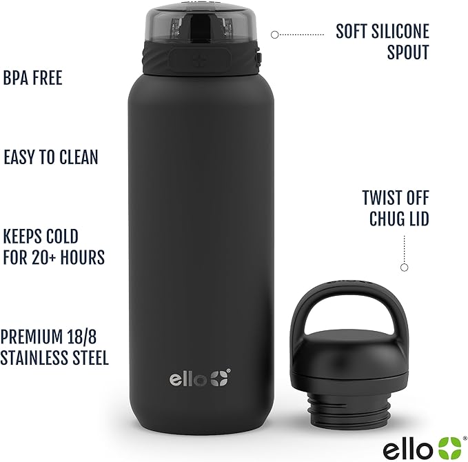 Ello Cooper 32oz Stainless Steel Water Bottle with 2 Lids Chug and Straw | Leak Proof | Double Walled and Vacuum Insulated | Built in Carry Loop | Dishwasher Safe | Halogen Blue