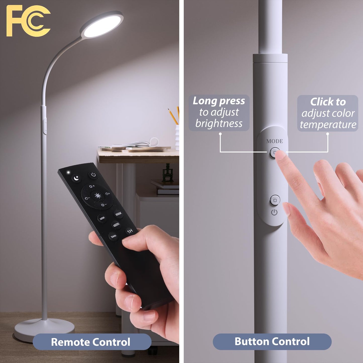 luckystyle Dimmable LED Floor Lamp with Remote, Adjustable Gooseneck, White, Model LK-1006