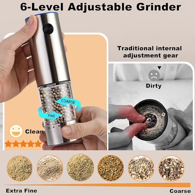 Rechargeable Electric Salt and Pepper Grinder Set, Upgraded Larger Capacity,Premium Stainless Steel Automatic Pepper Salt Mill Grinder Set with LED Light, 6 Adjustable Coarseness