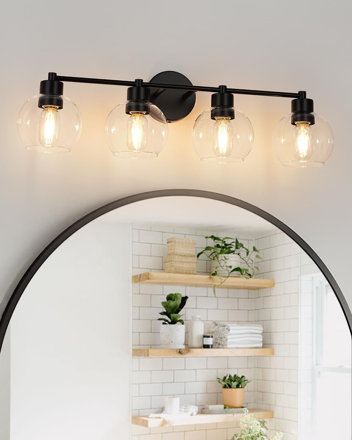 Wilon Matte Black Vanity Light  Modern 4 Light Bathroom Vanity Light With Globe Clear Glass Shades  Wall Sconces With E26 Base  Bathroom Lighting Fixtures Over Mirror  Wall Lamp For Bedroom