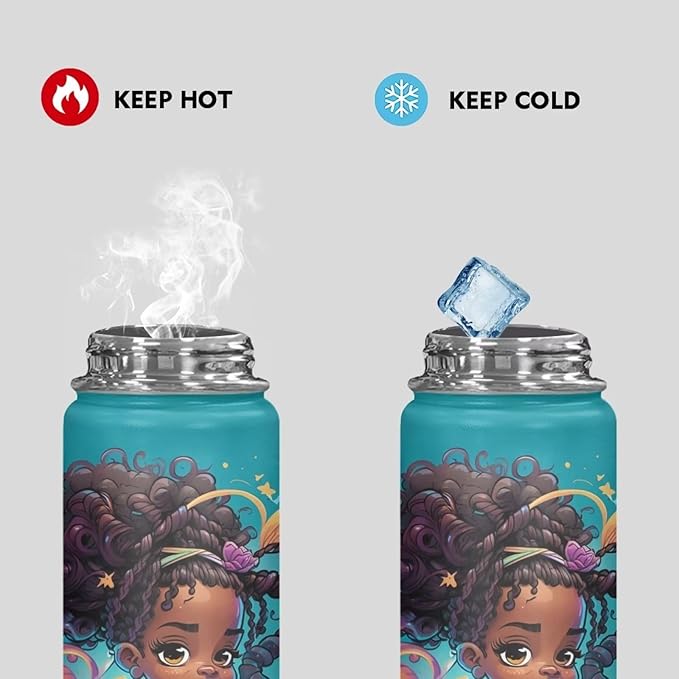 Afro American African Water Bottle 20 oz Insulated Water Bottles with Handle Flask Wide Mouth Bottle Vacuum Stainless Steel Metal Water Bottle for Sports, Gym, Office