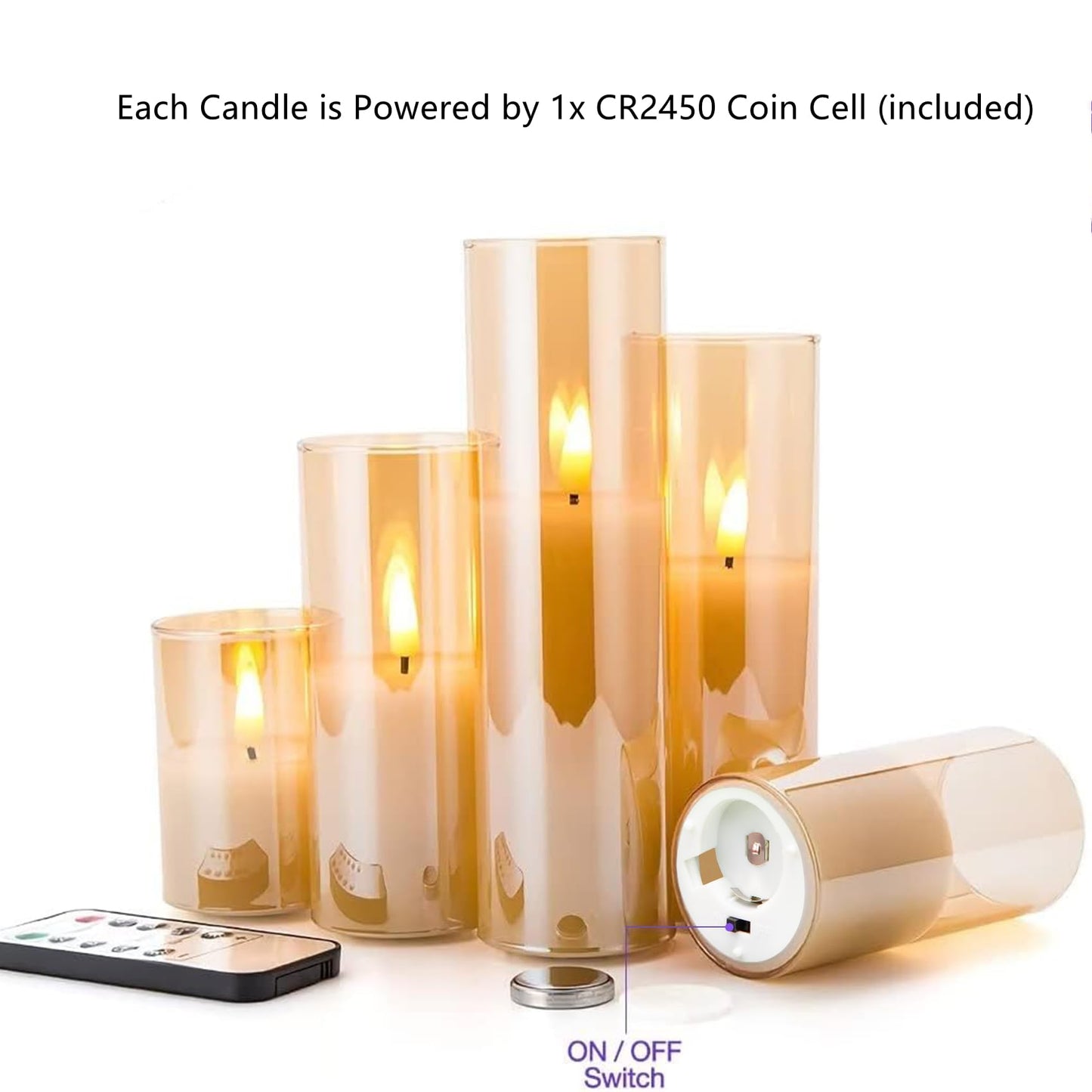 Eywamage 5 Pack Gold Glass Flameless Candles with Remote, Flickering Slim Tall LED Pillar Votive Candles Battery Included