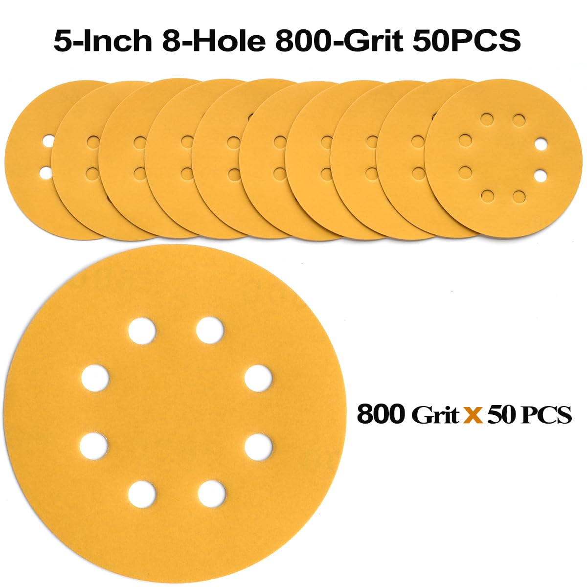 5-Inch 8-Hole Hook and Loop Sanding Discs 800-Grit Random Orbit Sandpaper, 50-Pack