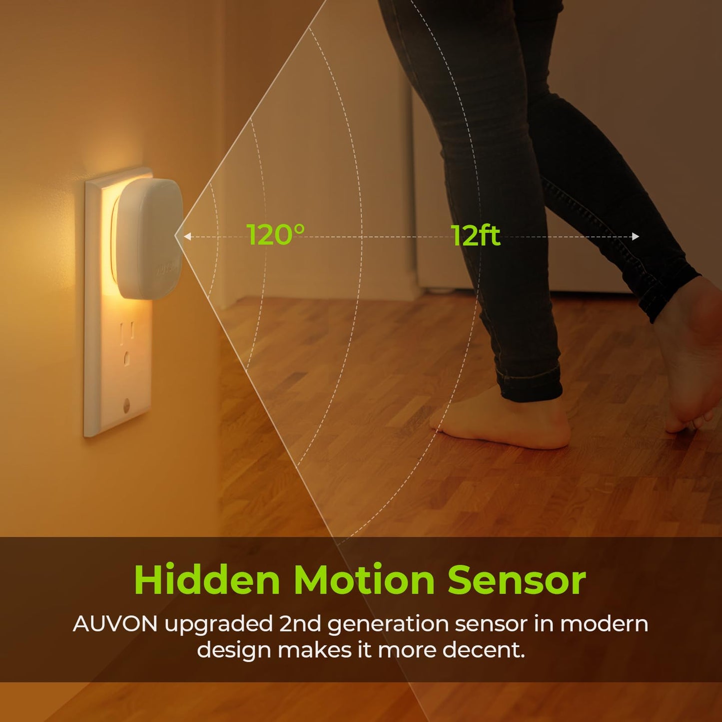 AUVON LED Backlit Night Light with Motion Sensor, Dimmable Amber, 1-50 lm Brightness, Model N001A, 4 Pack