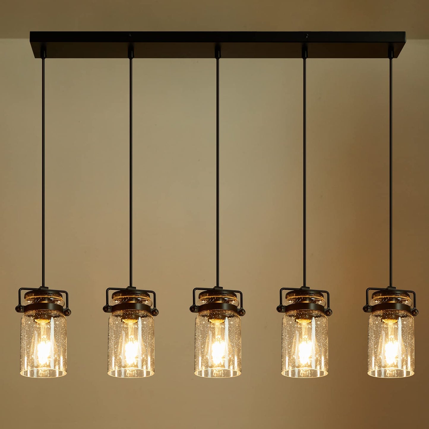 Foucasal Pendant Light Kitchen Island Lighting  5-Light Pendant Ceiling Light Fixture  67.71 Inches Hanging With Clear Glass Shade Farmhouse Chandeliers For Dining Room Bedroom Hallway - Black